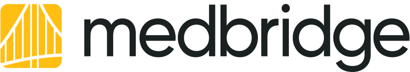 Medbridge logo with lowercase black letters flanked by two yellow abstract shapes.